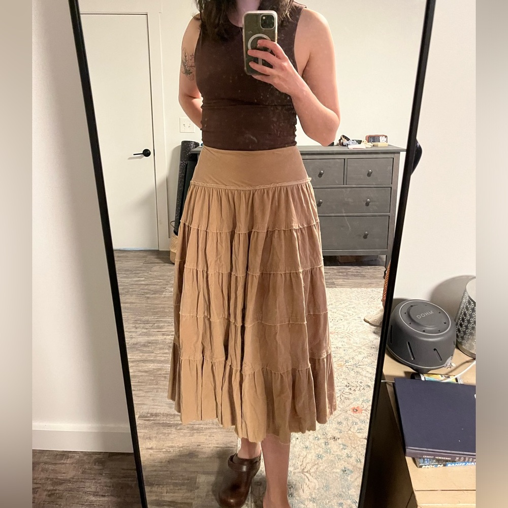 Vintage Y2K Boho Saks Fifth Avenue Tiered Corduroy Raw Edge Midi/Maxi Skirt